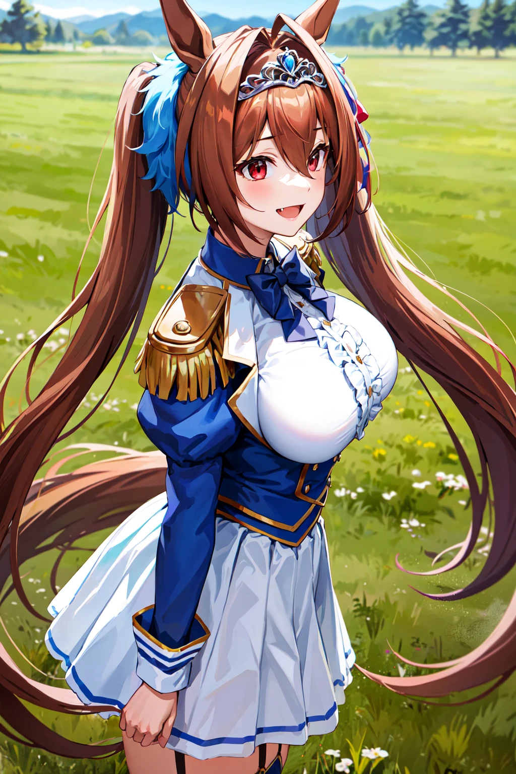 masterpiece, best quality, highres, 1girl, daiwa scarlet (umamusume), horse ears, long hair, twintails, tiara, horse tail, very long hair, brown hair, epaulettes, garter straps, long sleeves, large breasts, fang, red eyes, bowtie, bangs, puffy sleeves, blue jacket, white thighhighs, center frills, white shirt, hair between eyes, white skirt, blue skirt, hair bow,  <lora:daiwa_scarlet_v10:0.55>, standing, field, outdoors, smile, from side,