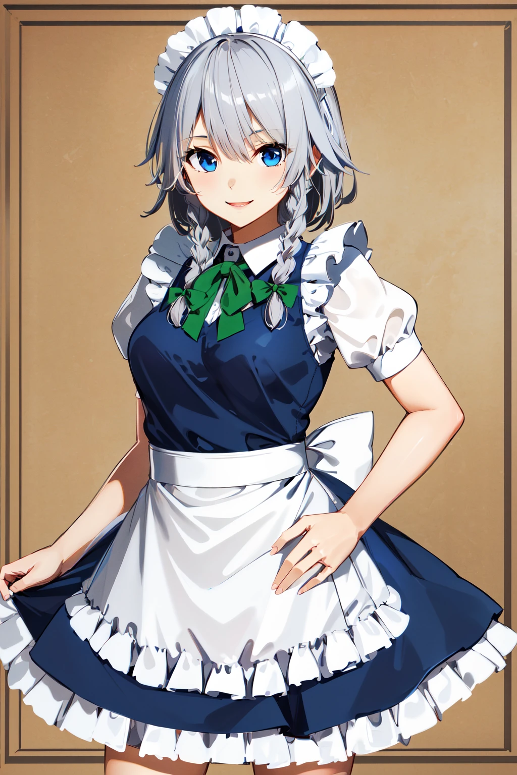 masterpiece, best quality, highres,  1girl, solo, sakuya1, <lora:izayoi_sakuya_v1:0.8>, maid, blue eyes, grey hair, medium breasts, smile, holding skirt,