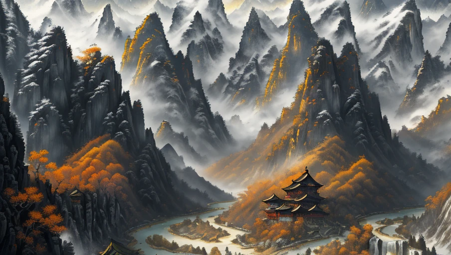 ancient chinese style landscape painting, mountains in front, beautiful winding green river behind, extremely sharp old paper detail, high paper detail, high line detail, high resolution, ultra high quality, raw, 8k image, extremely high color detail, intricate, epic composition, cinematic lighting, masterpiece, bold complimentary colors. stunning masterfully illustrated by artgerm and range chinese style landscape painting, yellow paper color, painted with black and white ink, extremely sharp old paper detail, high paper detail, high line detail, high resolution, ultra high quality, raw, 8k image, extremely high color detail, intricate, epic composition, cinematic lighting, masterpiece, Artstation, Sergey Svistunov, hyperrealistic <lora:cheeseDaddysLandscapes_35:0.2>, snow on mountains