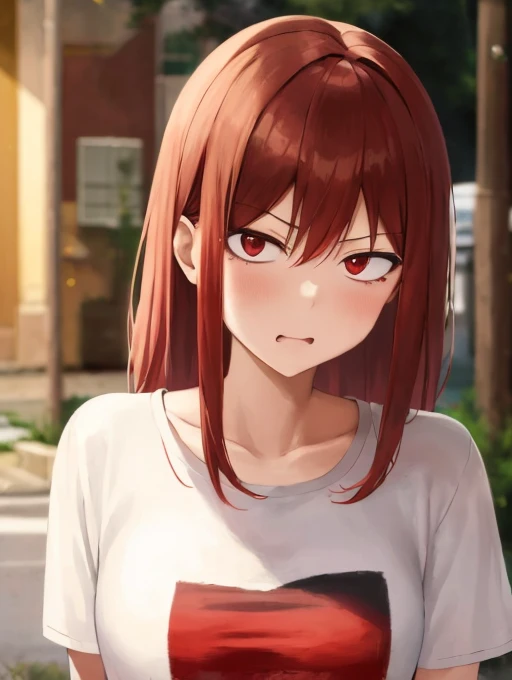 <lora:sanpaku-eye:1.2>,masterpiece,high quality, sanpaku,1girl, looking at viewer, red eyes, red hair, t-shirt, outdoors, angry