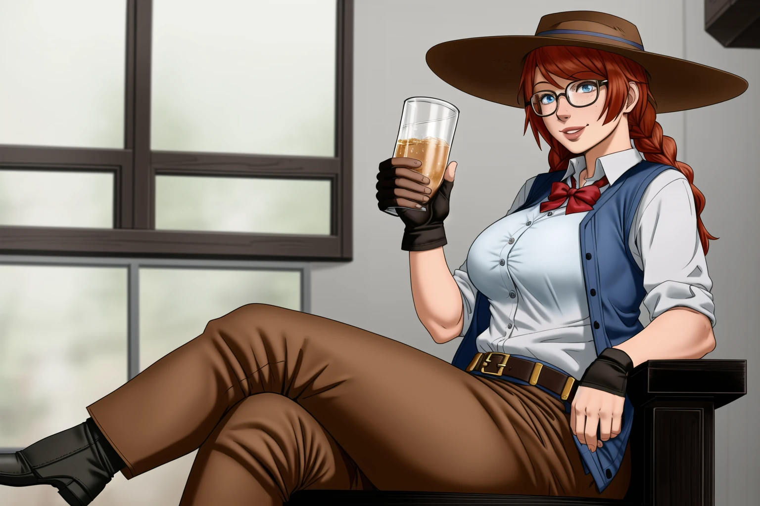 <lora:Shelter:.6>, sheltergame, masterpiece, best quality, 1girl, solo, long hair, breasts, looking at viewer, smile, blue eyes, large breasts, shirt, gloves, hat, holding, sitting, braid, red hair, glasses, black gloves, belt, pants, indoors, fingerless gloves, blurry, vest, cup, lips, blurry background, chair, holding cup, drinking glass, freckles, brown headwear, glass, brown pants, cowboy hat, cowboy western
