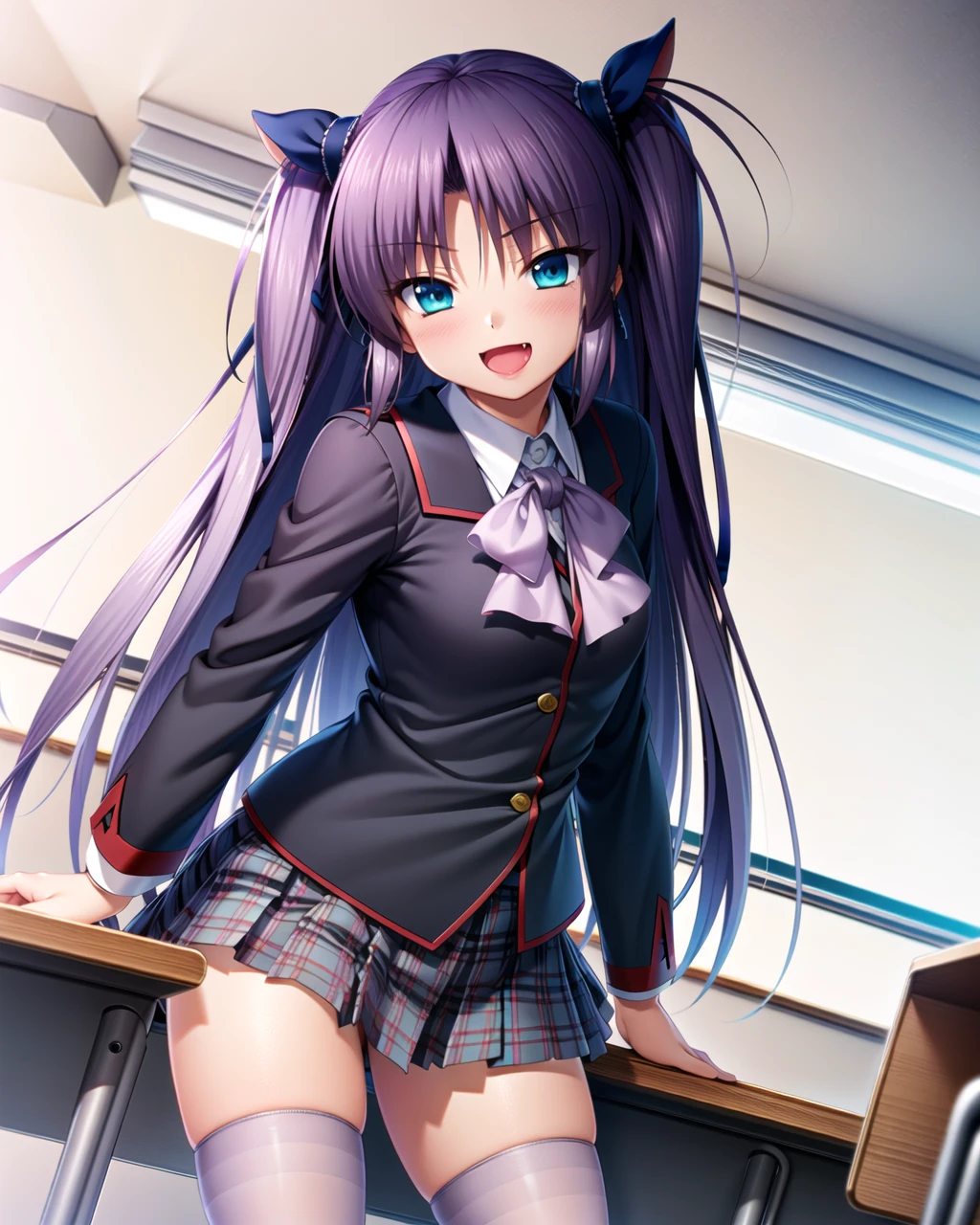 ((masterpiece)), ((best quality)), ((highres)), ((extremely detailed CG unity 8k wallpaper)), solo, classroom, sfw, <lora:sasasegawa sasami:1>, sasasegawa sasami, black uniform with red trim and pink bow, white thighhighs, smug face, smile, open mouth, fang,