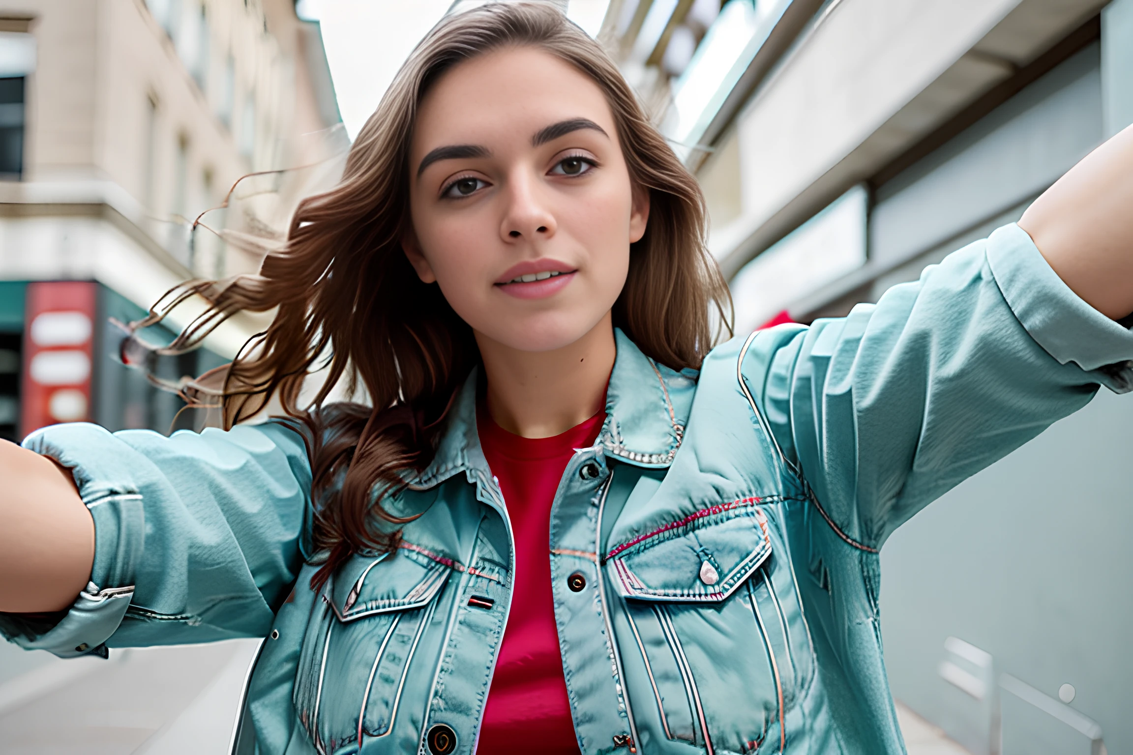 RAW photo, (masterpiece), best quality, extremely detailed,one man one woman, couple, sharp, studio quality, jean jacket, red shorts,outside, standing, evening, buildings,(outside in the city), standing, evening, sidewalk,  (looking at viewer), 8k uhd, dslr, soft lighting, high quality, film grain, Fujifilm XT3, (full body portrait), (pov view), ((armoutstretched:1.2)),  <lora:selfiearm:0.85>