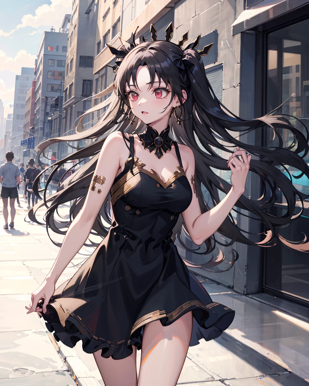 ishtar \(fate\), 1girl,solo,  <lora:IshtarV2:0.7>, cowboy shot, large breasts,black_hair,((sundress:1.2)),outdoors,cityscape,