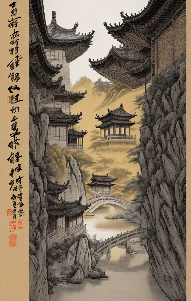 ancient chinese style landscape painting, yellow paper color, painted with black and white ink, extremely sharp old paper detail, high paper detail, high line detail, high resolution, ultra high quality, raw, 8k image, extremely high color detail