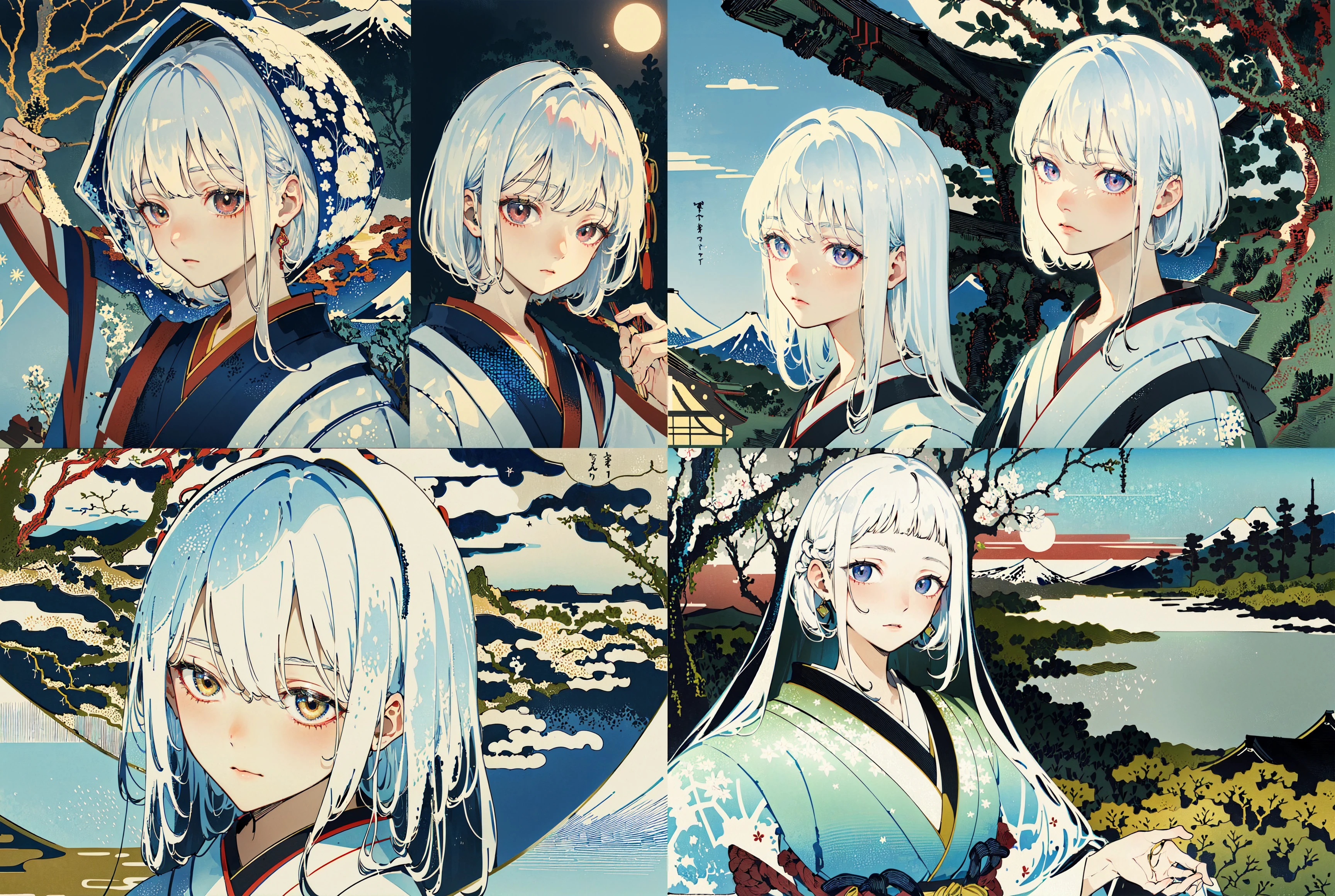 ((masterpiece)), ((high detail)),((ultra-detailed)),((delicate face)),White background, cloudy, high mountains, trees,The sun is in the sky,1 girl,white hair,Japanese kimono,Golden eyes, <lora:fuyuestylev3_10:1>