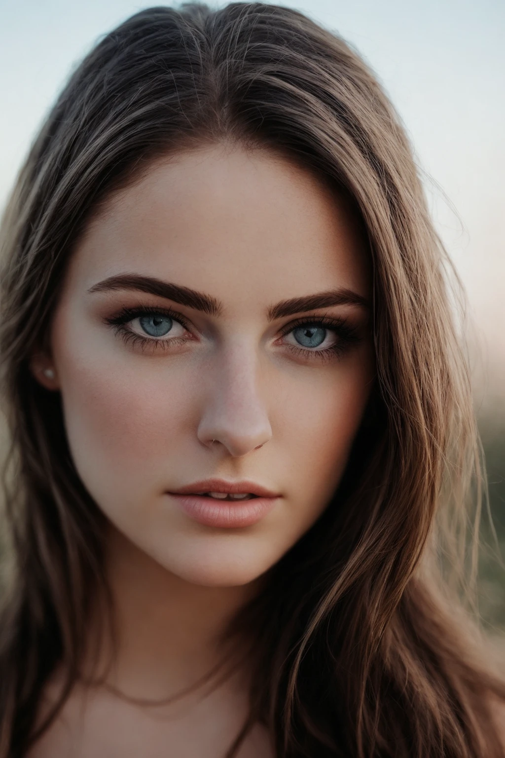 realistic photography, brown hair, brown eyes,Front, detailed face, beautiful eyes, dslr photography, soft shadows, landscape in background, masterpiece,