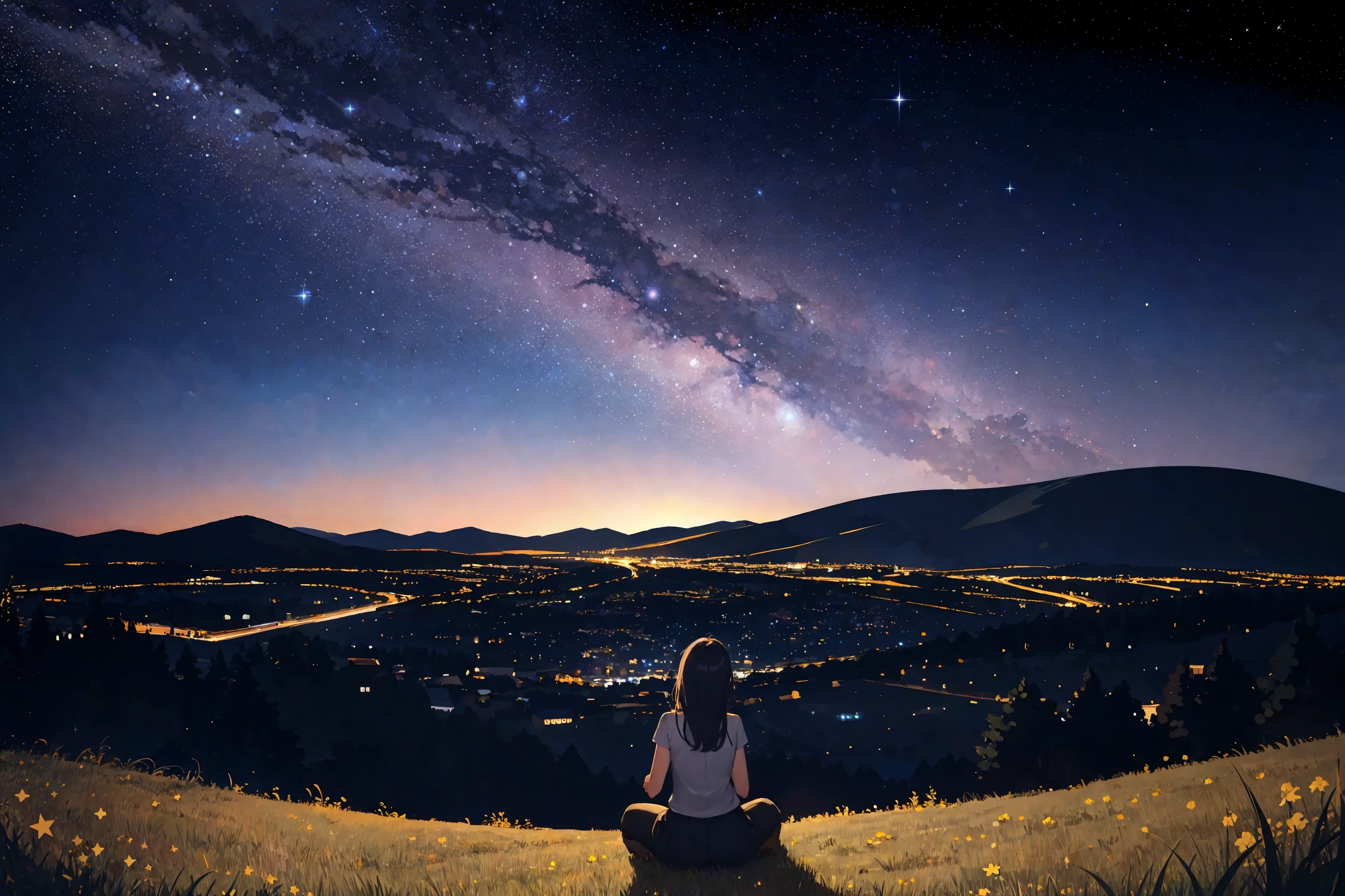 best quality, masterpiece, starry night sky filled with lots of galaxies, view from a grassy hill overlooking a city at night