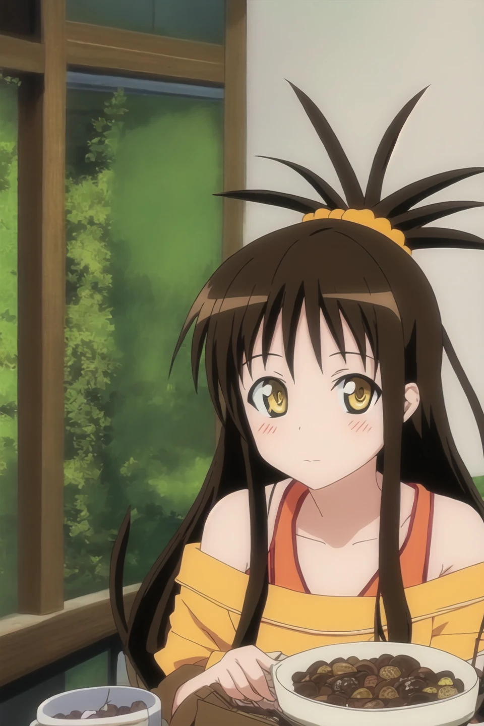 mikan, anime art style, 1girl, solo, long_hair, looking_at_viewer, blush, brown_hair, hair_ornament, bare_shoulders, underwear, collarbone, yellow_eyes, topknot