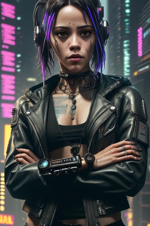photo of JennaOrtega, (front to camera), detailed european face, (aspiring facial expression), (((cyberpunk style close))), ((cyberpunk city on the background)), RAW, analog style, ultra detailed photograph, cinematic lighting, artstation, 4k, sharp focus, high resolution, detailed skin, detailed eyes, <lora:JennaOrtega:0.7>