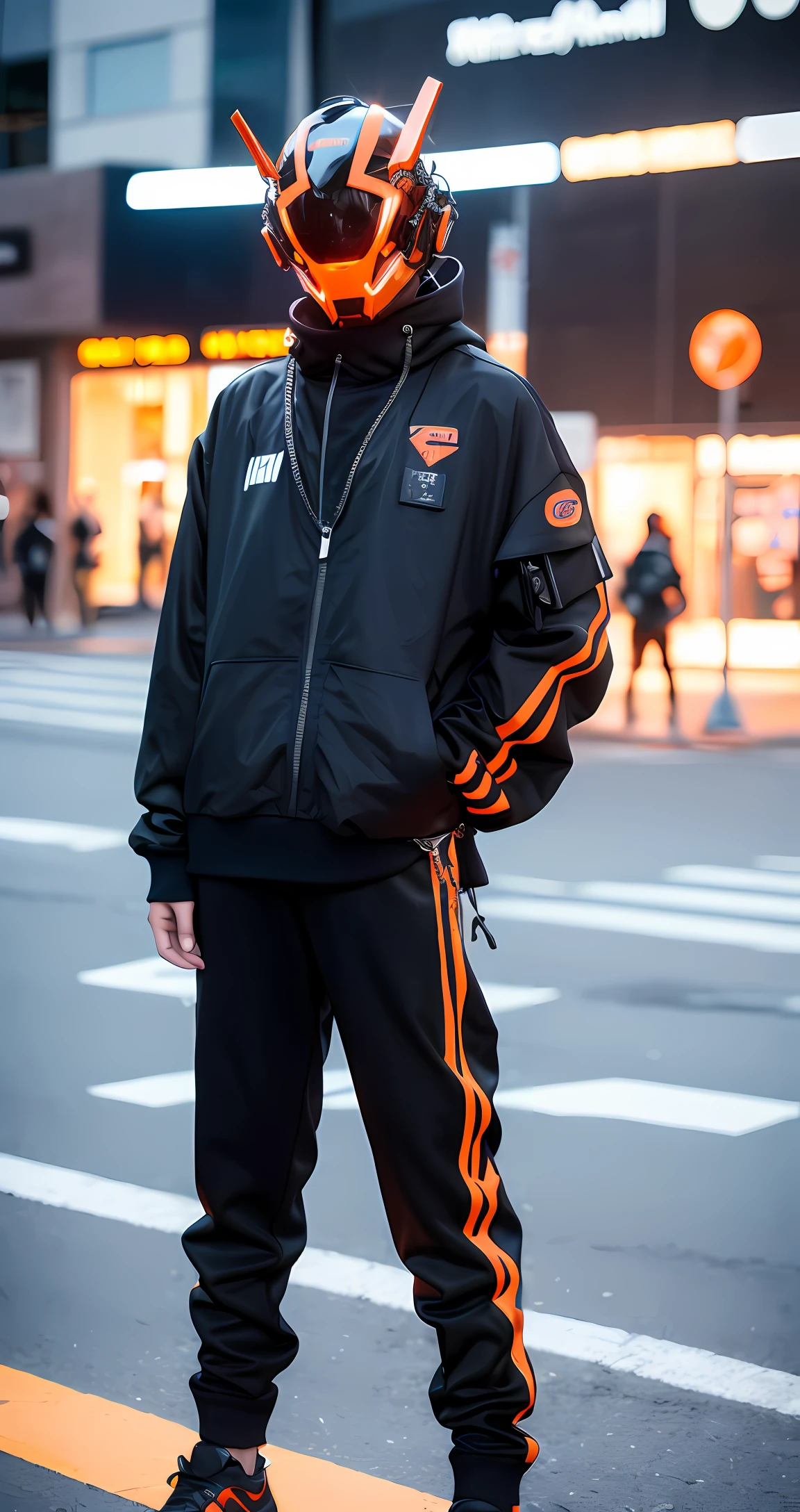 (original: 1.2), (far shot), (realistic: 1.3) (mixed Korean), masterpiece, best quality, fullbody, a cyborg, teenager, ((in a cyberhelmet)), wearing black techwear jacket and orange trousers with buckle and tape, (crystal necklace), posing for a picture, long legs, on the street <lora:cyberhelmetv0.1:0.7>