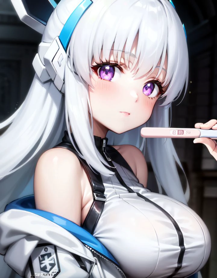 1girl, looking at viewer, (pregnancy test:1.1), (holding:1.25), 1girl, solo, white hair, purple eyes, large breasts, (upper body:1.2), long hair, jacket, two-sided jacket,