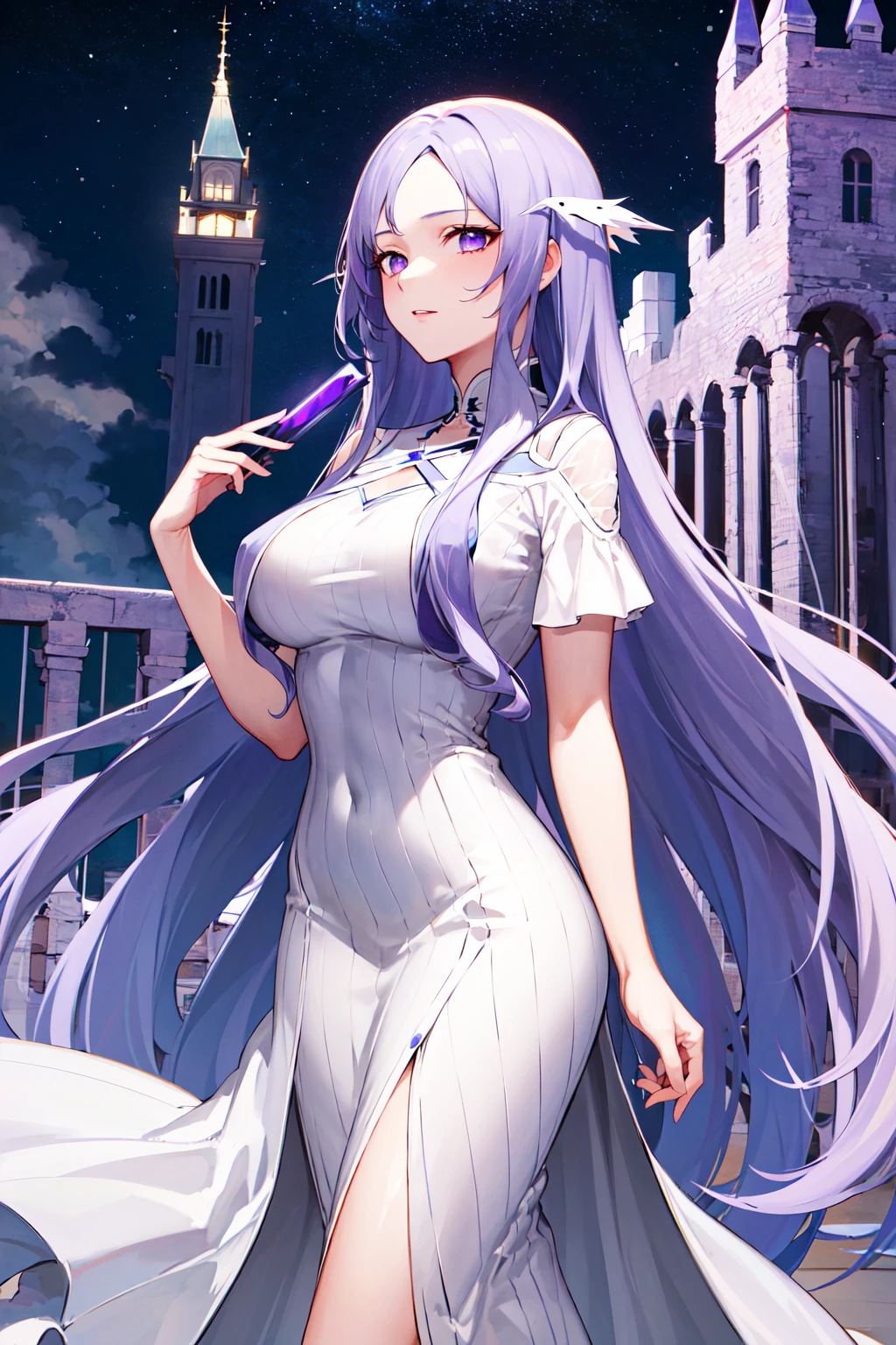 masterpiece,, best quality, highres. 1girl, solo, very long hair, light purple hair, swept bangs, purple eyes, white dress, long dress, floating hair, short sleeves, large breasts, <lora:quinella_(sao)_v10:0.6>, castle, standing,