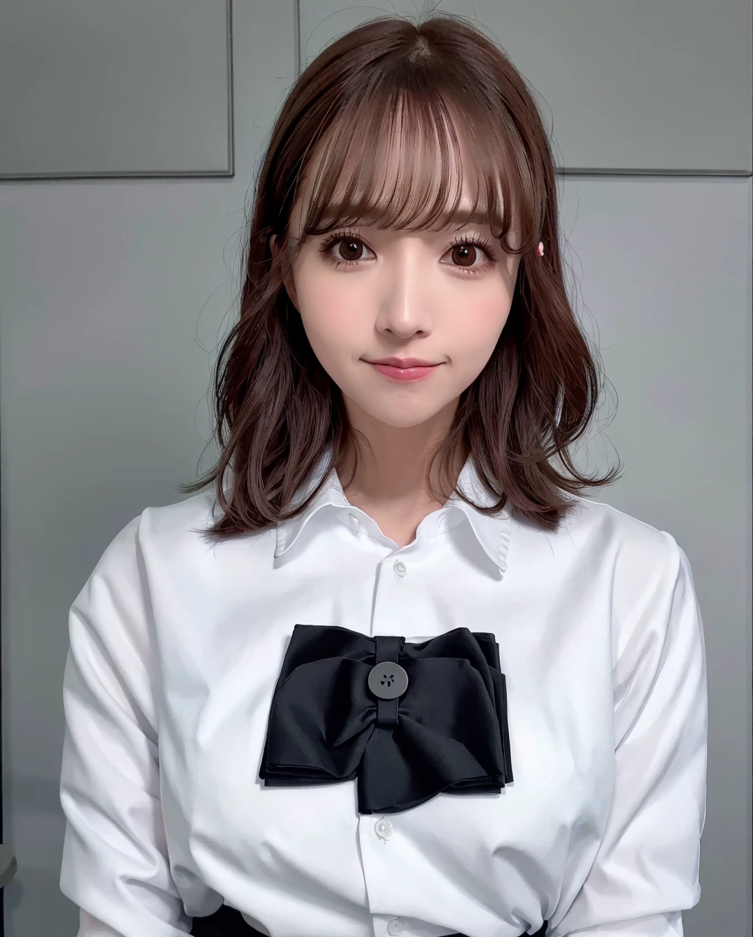 best quality, photorealistic, 8k, high res, 1girl, woman, (skindentation), (professional lighting), (portrait:0.6), (closed button office shirt:2), gorgeous, ((black hair)), (medium hair:1.4), (floating hair:1.6), (1girl eyes looking at viewer:1.5), ((looking at viewer:1.6)), (looking at the camera), photorealistic, (bokeh), (portait:0.6), (dynamic pose:1.2), masterpiece, intricate, realistic, sharp focus, award-winning photograph, sfw, (smile:1), <lora:yua V2:0.8>