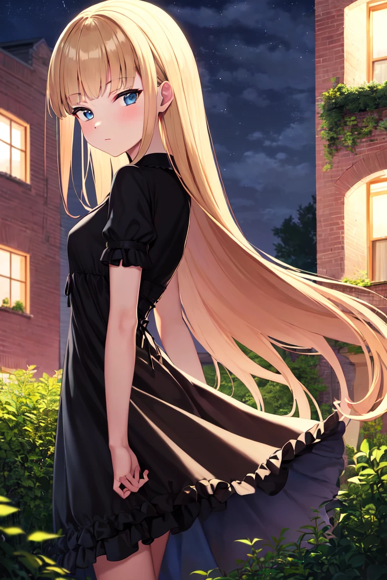 masterpiece, best_quality, 1girl, solo, evangeline a.k. mcdowell, blunt bangs, blonde hair, black dress, outdoors, night