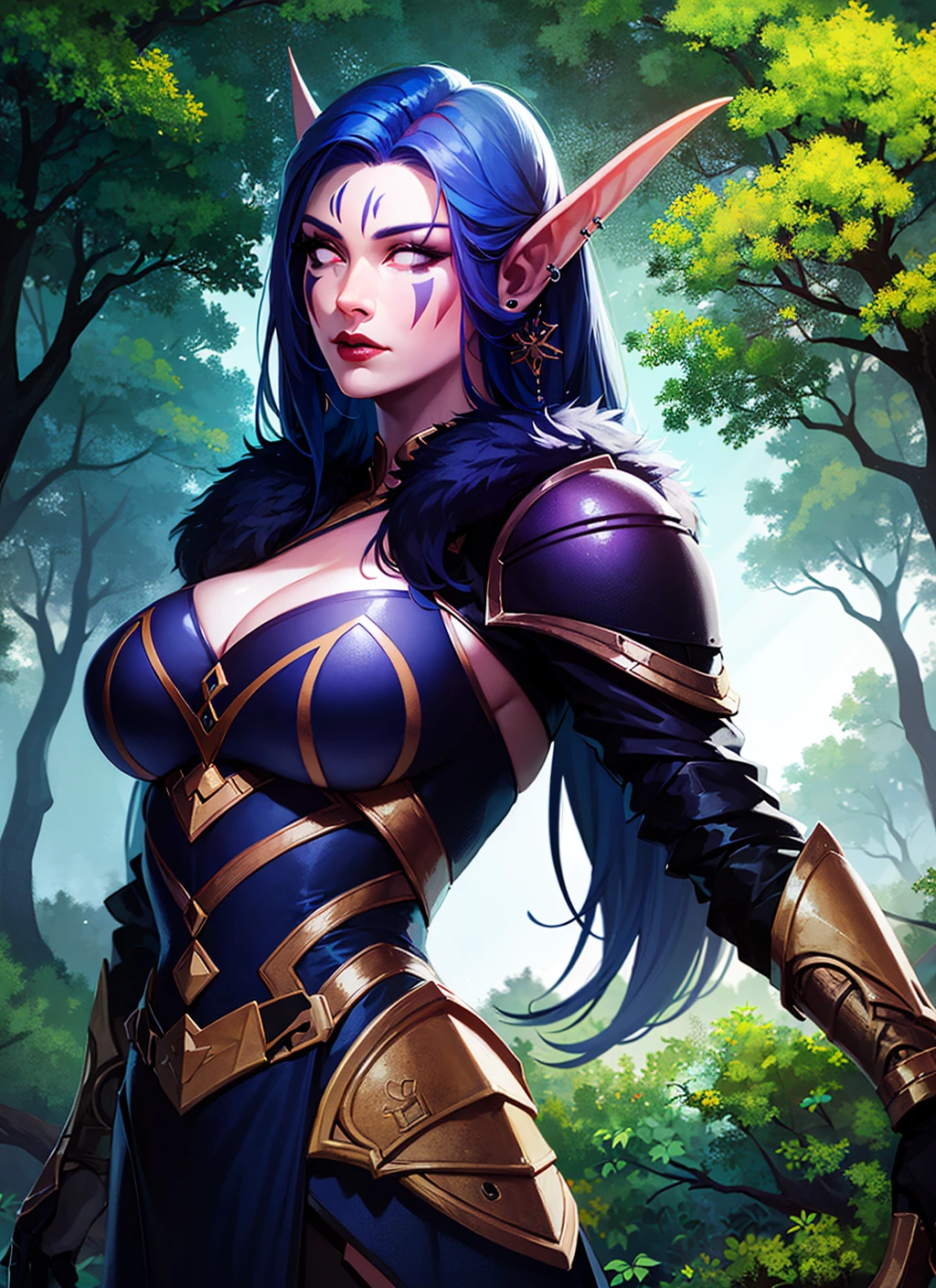 1girl, beautiful shenelf, pale skin, glowing white eyes, long blue hair, earrings, facial mark, purple armored dress, fur trim, forest, tree, dark atmosphere, athletic, volumetric lighting, best quality, masterpiece, realistic, <lora:sxz-night-elf-v3:0.7>