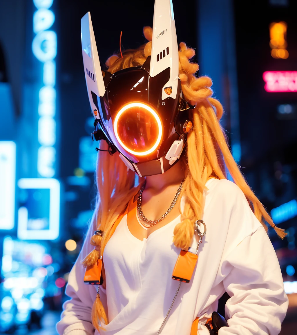 (original: 1.2), masterpiece, best quality, closed - up, upper body, 1girl, ((in a white and orange cyberhelmet with dreadlocks )), wearing cobalt futuristic jacket, (crystal necklace), posing for a picture, on the street <lora:cyberhelmetv0.1:0.9>