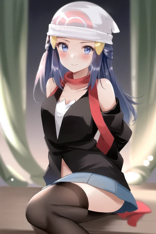 masterpiece, best quality,
dawn\(pokemon\), 1girl, medium breasts, solo, black shirt, long hair, smile, beanie, looking at viewer,  hair ornament, arms behind back, blush, hairclip,  collarbone, blue hair,  blue eyes, mini skirt,red scarf ,thighhighs, <lora:dawn-000003:1>