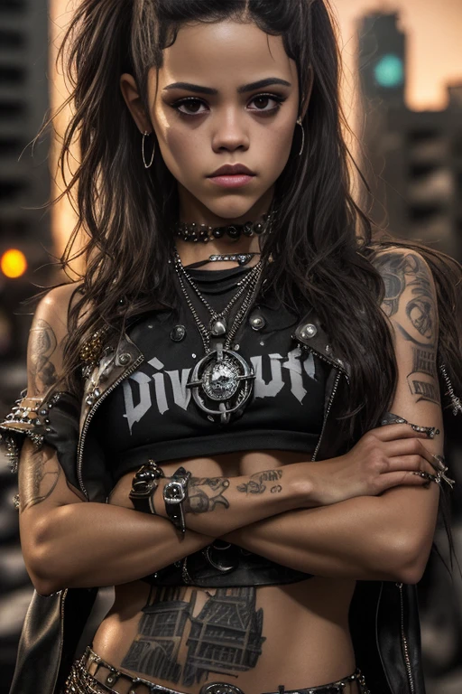 photo of JennaOrtega, (front to camera), detailed european face, (aspiring facial expression), (((drillpunk style close))), ((devilpunk city on the background)), RAW, analog style, ultra detailed photograph, cinematic lighting, artstation, 4k, sharp focus, high resolution, detailed skin, detailed eyes, <lora:JennaOrtega:0.7>