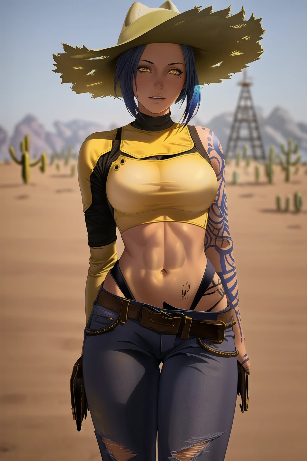 <lora:MayaBL2:.6>, MayaBL2, 1girl, cowboy shot, blue hair, yellow eyes, tattoo, yellow crop top, jeans, torn jeans, glowing tattoo, outdoors, desert, cowboy hat, cactus, blurry, blurry background, blurry vision,