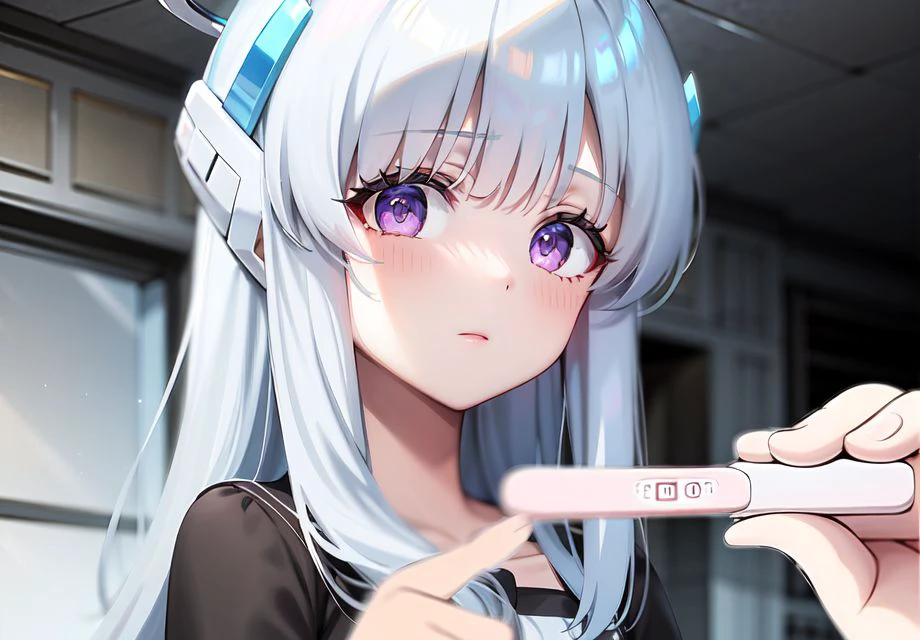 ((pregnancy test)), 1girl, solo, white hair, purple eyes, upper body halo, long hair, looking at viewer, pov, portrait,