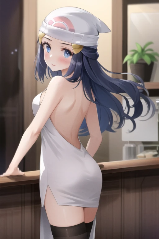 masterpiece, best quality,
dawn\(pokemon\), 1girl, medium breasts, solo, white dress, backless dress, backless outfit, long hair,party gown, nightgown, smile, beanie, looking at viewer, standing from behind, looking back,bar, bare shoulders, bar(location) , hair ornament,  blush, hairclip,  collarbone, blue hair,  blue eyes,thighhighs, <lora:dawn-000003:1>