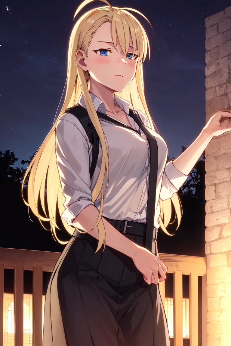 masterpiece, best_quality, 1girl, solo, evangeline a.k. mcdowell, evangeline a.k. mcdowell \(adult\), uq holder!, ahoge, outdoors, night