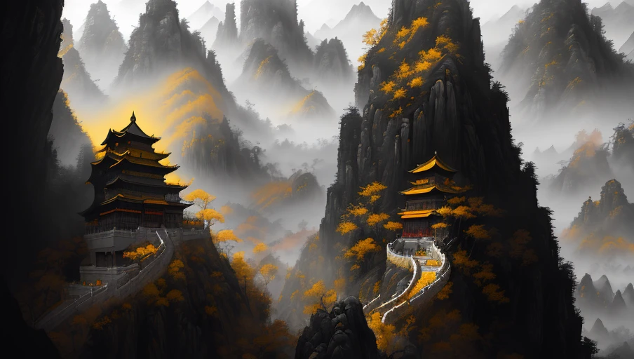 ancient chinese style landscape painting, yellow paper color, painted with black and white ink, extremely sharp old paper detail, high paper detail, high line detail, high resolution, ultra high quality, raw, 8k image, extremely high color detail, intricate, epic composition, cinematic lighting, masterpiece, bold complimentary colors. stunning masterfully illustrated by artgerm and range chinese style landscape painting, yellow paper color, painted with black and white ink, extremely sharp old paper detail, high paper detail, high line detail, high resolution, ultra high quality, raw, 8k image, extremely high color detail, intricate, epic composition, cinematic lighting, masterpiece, Artstation, Sergey Svistunov, hyperrealistic