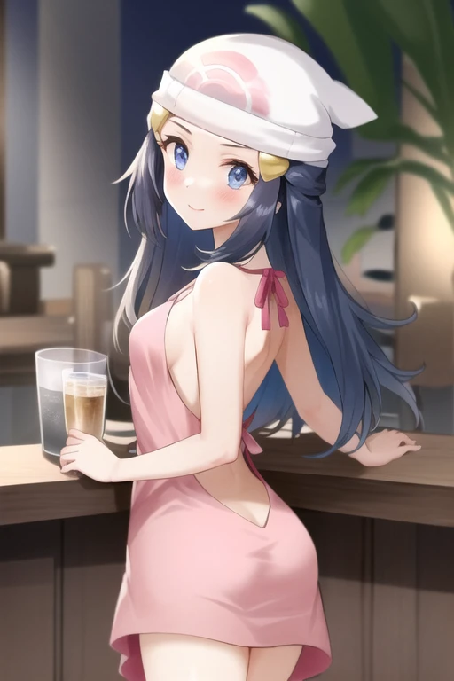 masterpiece, best quality,
dawn\(pokemon\), 1girl, medium breasts, solo, white dress, backless dress, backless outfit, long hair,party gown, nightgown, smile, beanie, looking at viewer, standing from behind, looking back,bar, bare shoulders, bar(location) , hair ornament,  blush, hairclip,  collarbone, blue hair,  blue eyes,thighhighs, <lora:dawn-000003:1>