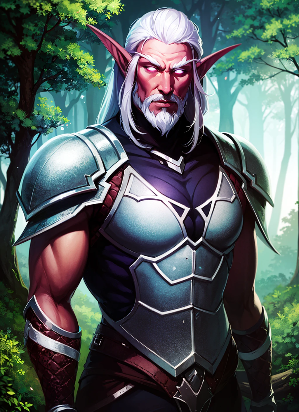 1boy, beautiful henelf in black armor with fur trim, purple skin, glowing white eyes, white hair, beard, forest, tree, night, dark atmosphere, athletic, volumetric lighting, best quality, masterpiece, realistic, <lora:sxz-night-elf-v3:0.7>