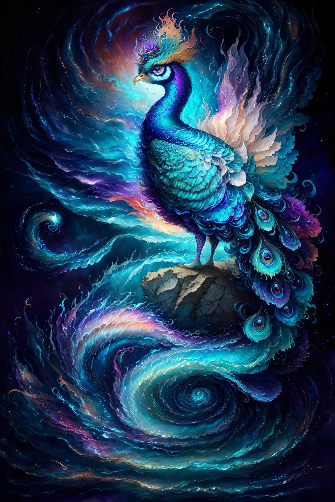 <lora:d3x3d-L:0.7> d3x3d style, Graceful peacock on a moonlit branch BREAK vibrant hues, sapphire blue, emerald green, amethyst purple