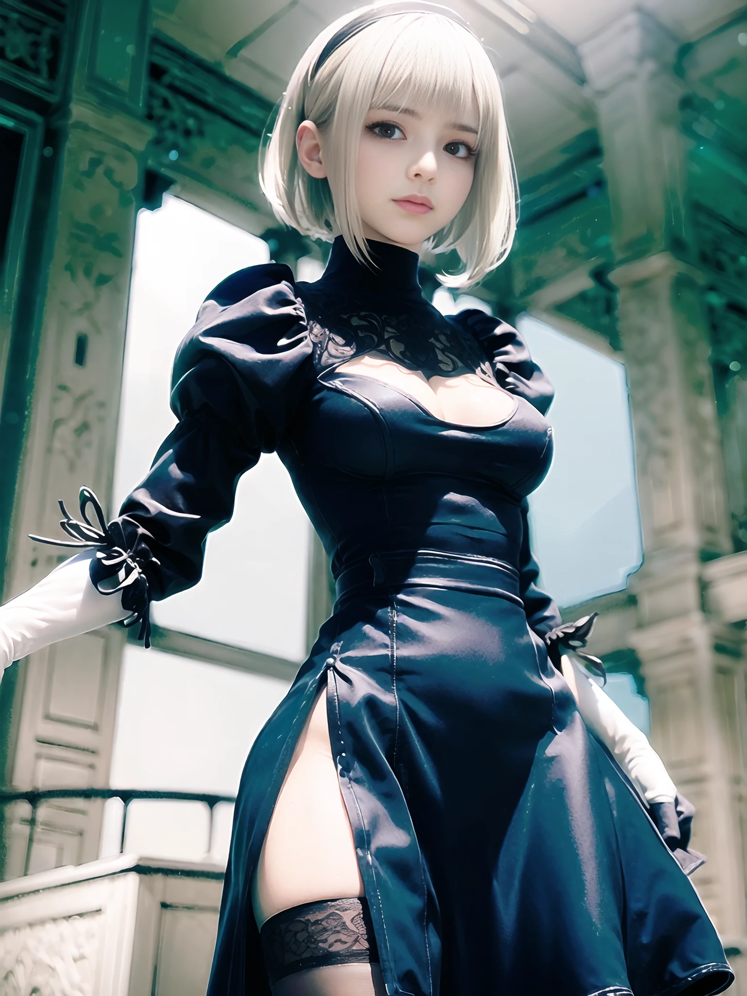 (quality:1.4), (photorealistic:1.4), (resolution:1.4), (sharpness:1.4), (ultra-detailed:1.4), (professional lighting)

<lora:Yorha2B_v0.5:0.8>, (solo), close-up photo of 1girl with (beautiful:1.6) face, short white hair, (big:1.2) (blue:1.2) eyes, (detailed:1.4) (pale:1.4) skin, huge breasts, (skinny:1.2) body, a black dress, a black headband, (white gloves):1.4, (a beauty spot under the mouth):1.4

overgrown plants among (ruined:1.4) buildings in the (detailed:1.6) (realistic:1.4) background, (post-apocalypse:1.2)

<lora:japaneseDollLikeness_v10:0.3>