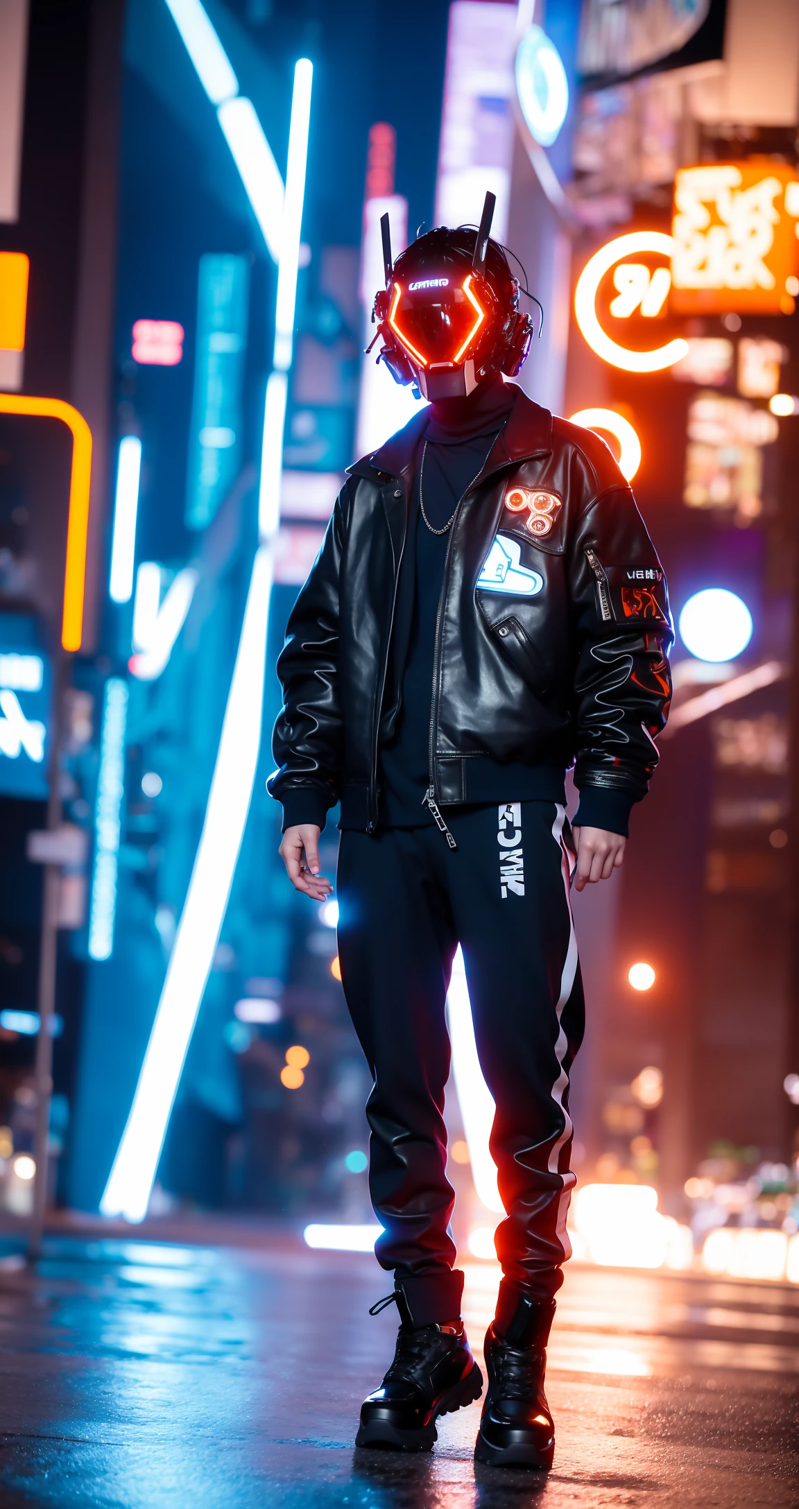 (original: 1.2), (far shot), (realistic: 1.3) (mixed Korean), masterpiece, best quality, fullbody, a cyborg, (in a cyberhelmet with a blue glowing ring on it), wearing black leather jacket and orange trousers with buckle and tape, (crystal necklace), posing for a picture, long legs, on the street <lora:cyberhelmetv0.1:0.8>