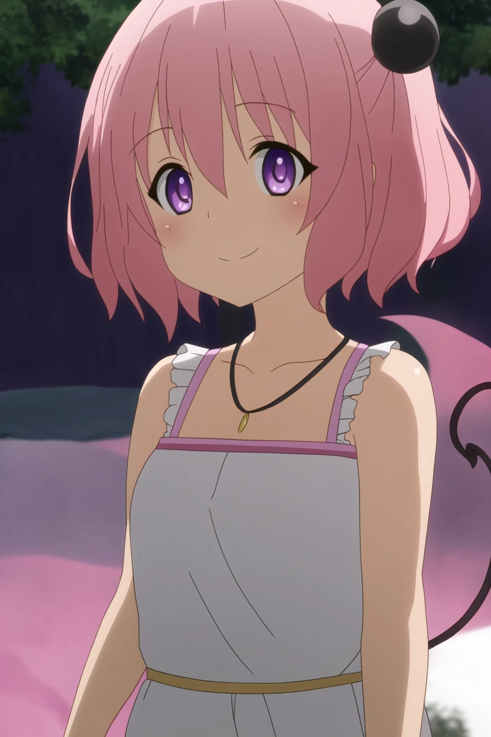 momo, anime art style, 1girl, solo, looking_at_viewer, smile, short_hair, bare_shoulders, purple_eyes, tail, pink_hair, hairband, detached_sleeves, demon_tail