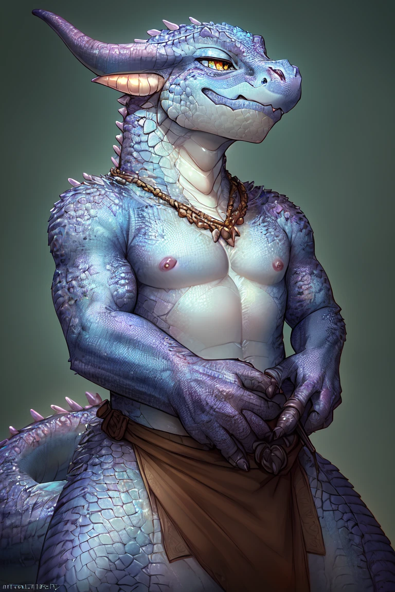 Velociraptor, male, balls, large flaccid penis, forestskin, gray and blue body, jungle, angry pose, sitting in a tree, primitive clothes, by bebebebebe, small waist, large legs, feral, under view, perspective, muscular