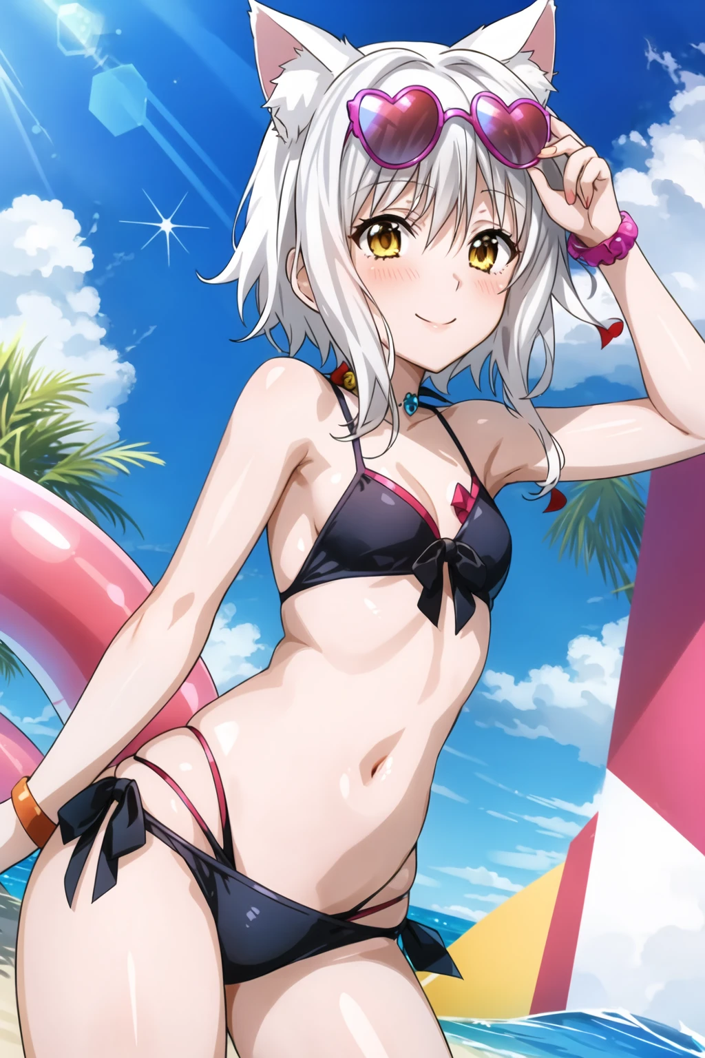 Koneko Toujou (DXD), 1girl, swimsuit, beach, sunglasses, smile, cat ears, white hair, short hair,