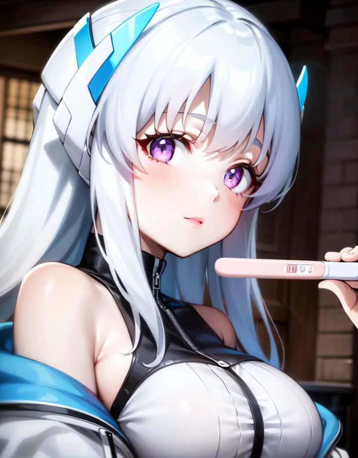 1girl, looking at viewer, (pregnancy test:1.1), (holding:1.25), 1girl, solo, white hair, purple eyes, large breasts, (upper body:1.2), long hair, jacket, two-sided jacket,