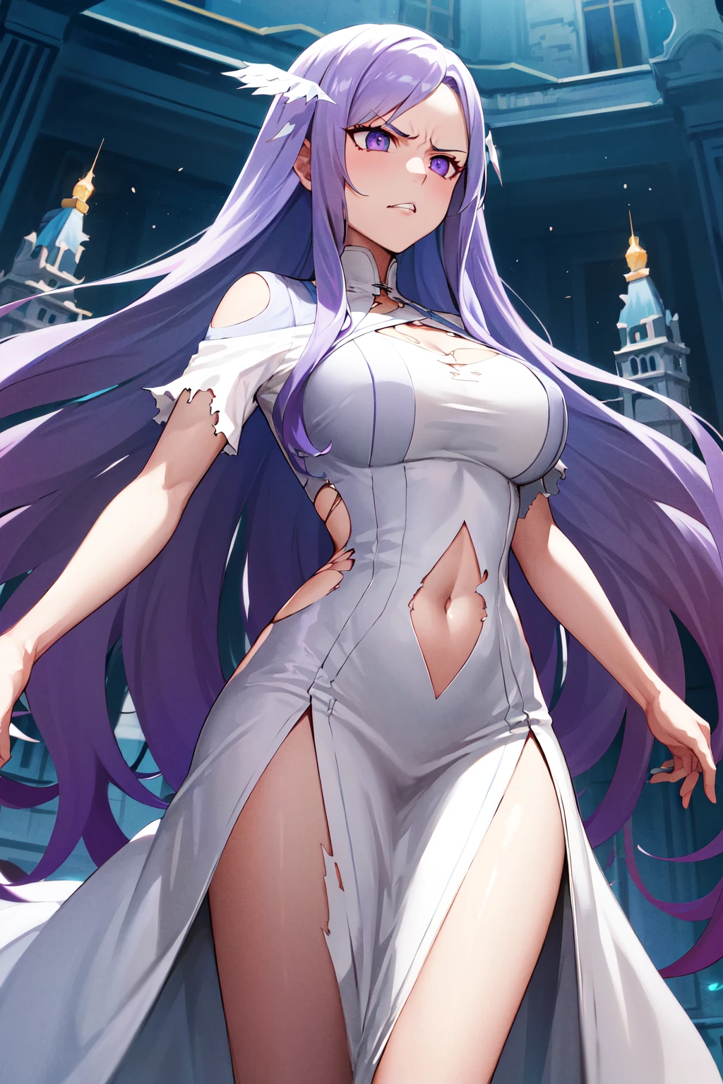 masterpiece, best quality, highres. 1girl, solo, very long hair, light purple hair, swept bangs, purple eyes, white dress, long dress, floating hair, short sleeves, large breasts, <lora:quinella_(sao)_v10:0.6>, castle, (torn dress:1.2), (frown:1.1), teeth, navel, angry,