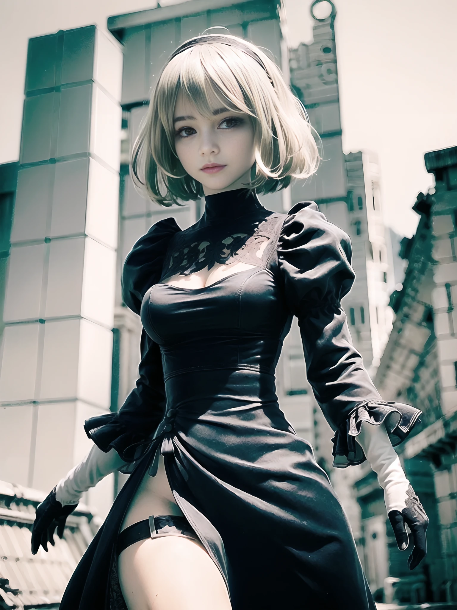 (quality:1.4), (photorealistic:1.4), (resolution:1.4), (sharpness:1.4), (ultra-detailed:1.4), (professional lighting)

<lora:Yorha2B_v0.5:0.8>, (solo), close-up photo of 1girl with (beautiful:1.6) face, short white hair, (big:1.2) (blue:1.2) eyes, (detailed:1.4) (pale:1.4) skin, huge breasts, (skinny:1.2) body, a black dress, a black headband, (white gloves):1.4, (a beauty spot under the mouth):1.4

overgrown plants among (ruined:1.4) buildings in the (detailed:1.6) (realistic:1.4) background, (post-apocalypse:1.2)

<lora:japaneseDollLikeness_v10:0.3>