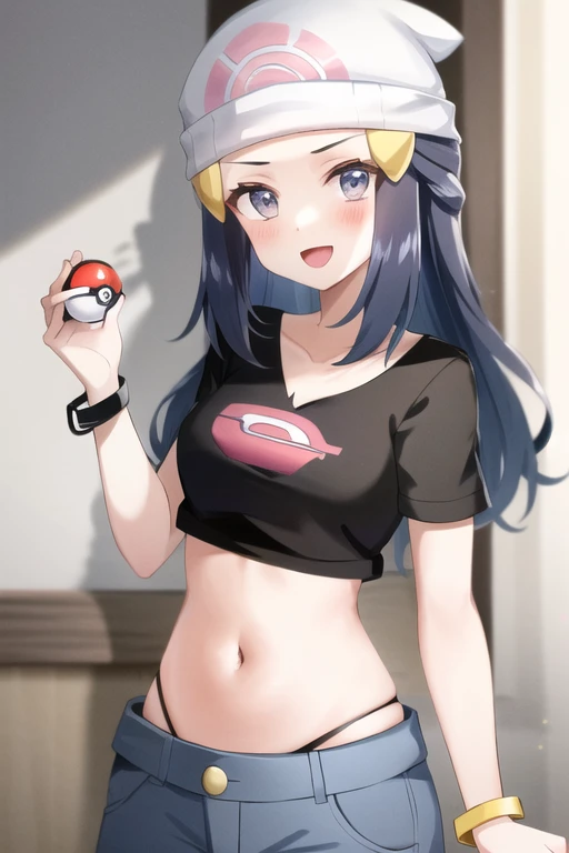 dawn(pokemon), 1girl, solo,eyelashes, hat, beanie, navel, open mouth, smile, white headwear, grey eyes, tongue, long hair, bracelet, short sleeves, shirt, hair ornament, hairclip, jewelry, :d, pants, looking at viewer, midriff, collarbone, black shirt, shorts, poke ball print, sidelocks, blue hair,  <lora:dawn-000003:0.7>