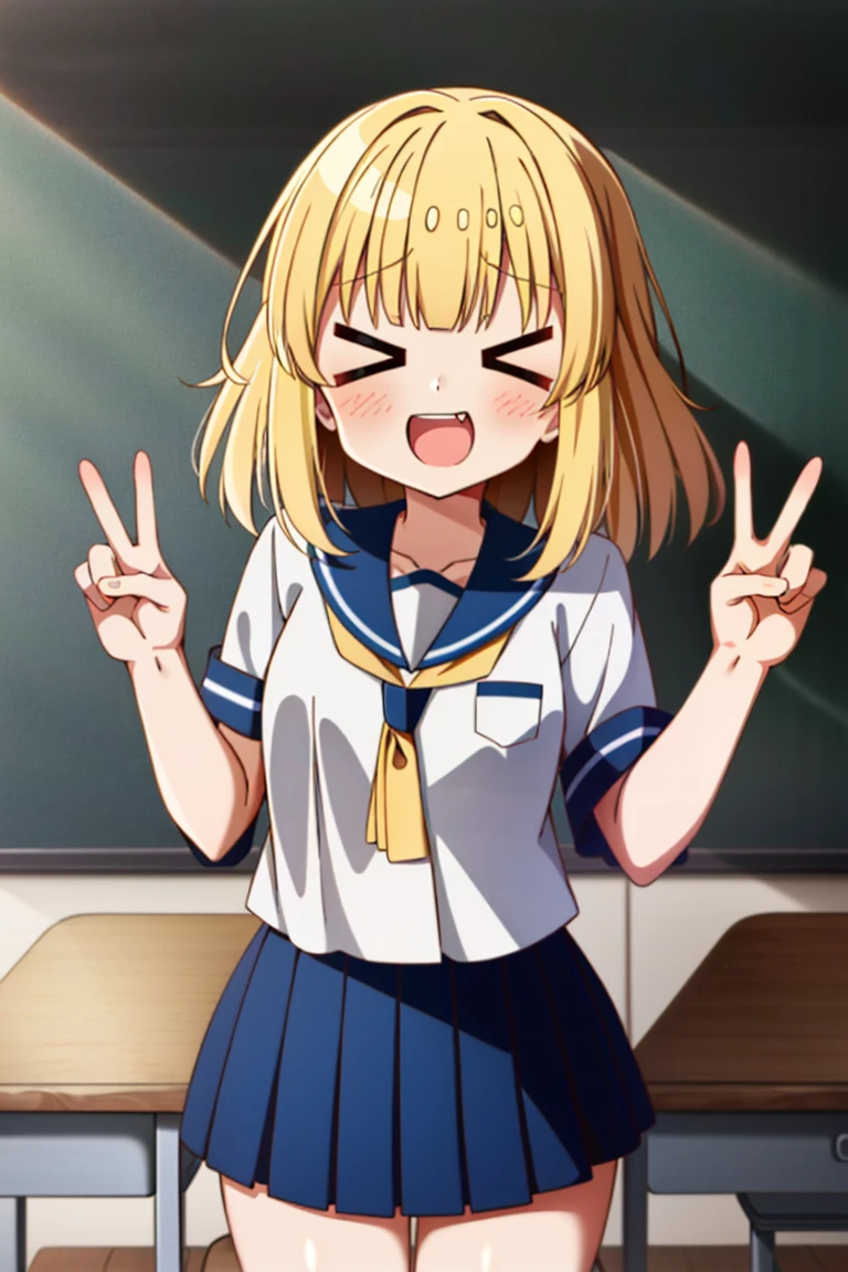 <lora:moreExpressions:0.9>, >_<, 1girl, :3, peace sign, blonde hair, :d, one arm behind back, classroom, masterpiece, best quality,