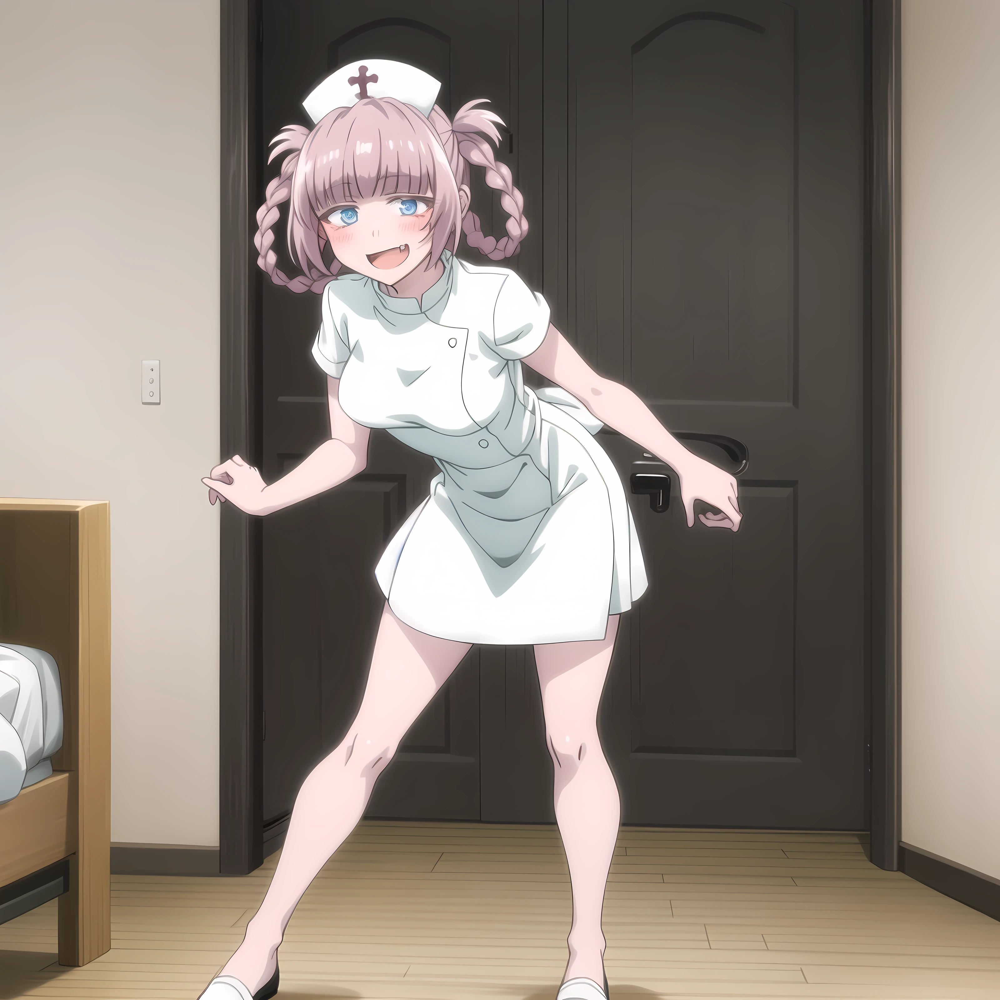 best quality, (masterpiece:1.1), detailed, sharp focus, anime style, indoors, room, futon,
<lora:chara_YofukashiNoUta_Nazuna_v1_1:0.7>, (from angle:1.2), standing, nanakusa nazuna, smile, fang, blush, open mouth, looking at the viewer, 1girl, solo, full body,
pink hair, hair rings, braid, eye focus, blue eyes, nurse, nurse cap, white dress, <lora:style_animeScreenshotLikeStyleMixLora_v10:0.3>
