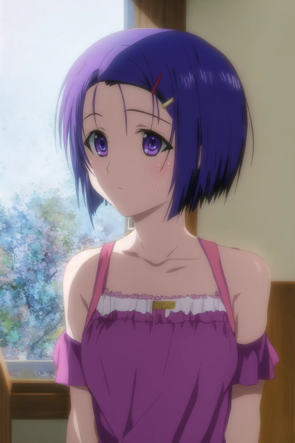 haruna, anime art style, 1girl, solo, short_hair, hair_ornament, blue_hair, purple_eyes, collarbone, short_sleeves, hairclip