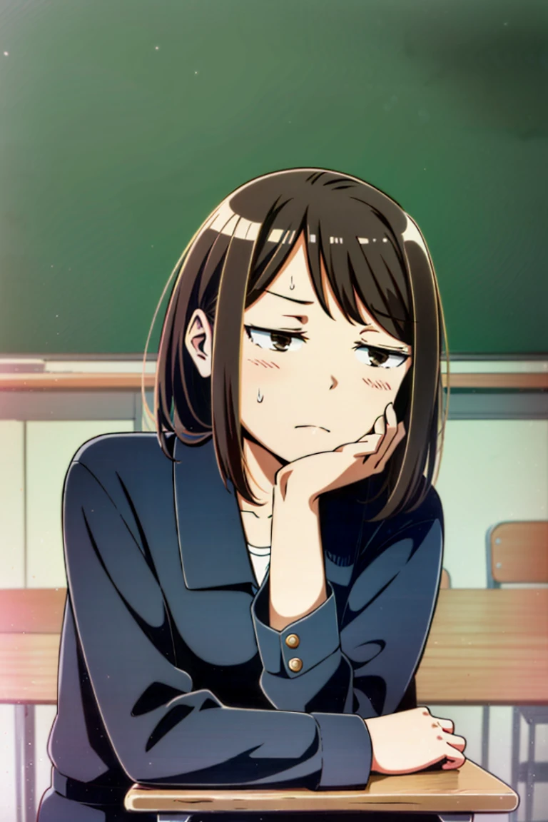 <lora:moreExpressions:1>, 1girl, solo, Jitome, classroom, sitting, desk head rest, sweatdrop, sideways glance, looking away, brown hair, masterpiece, best quality,