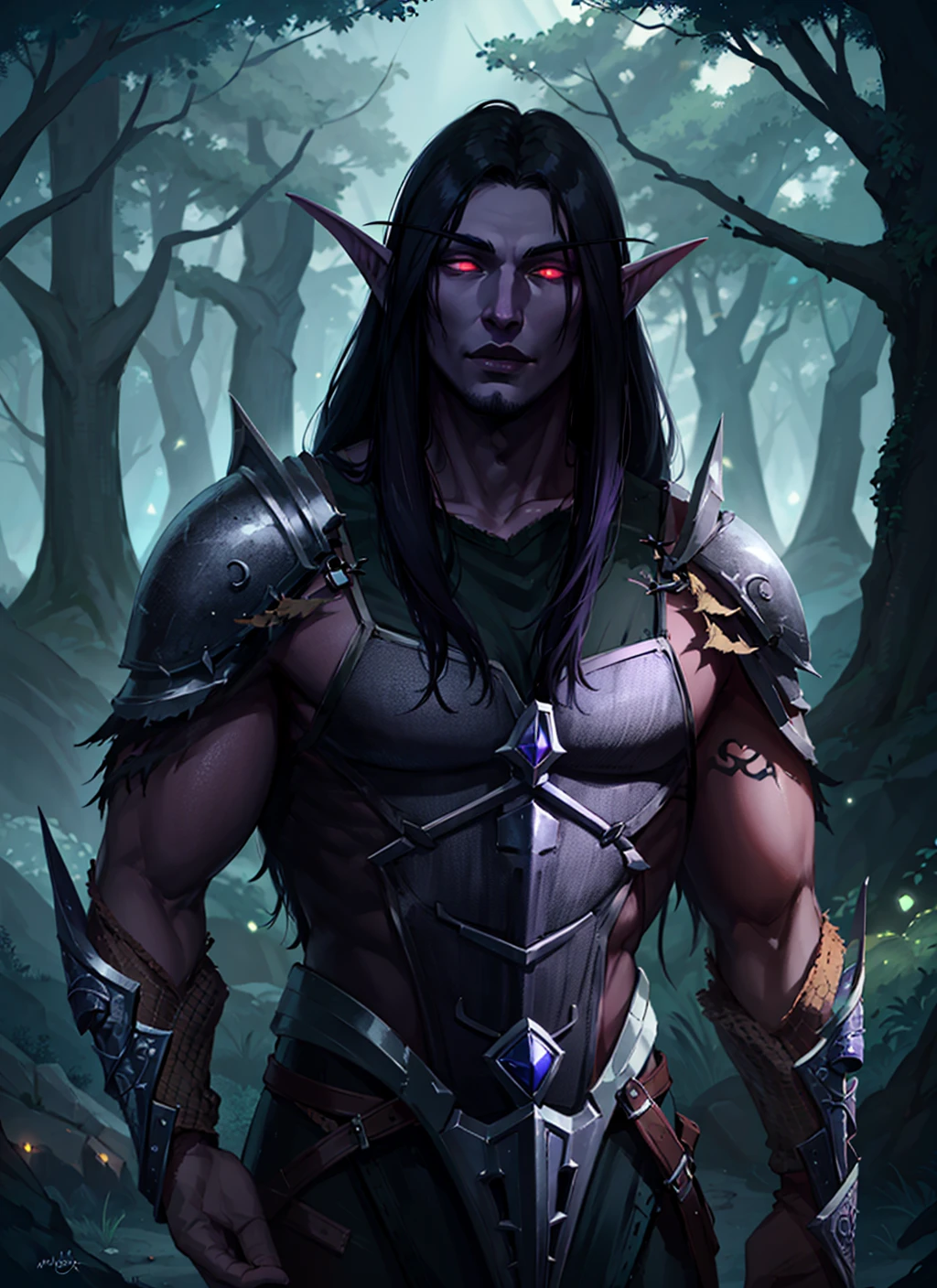 1boy, beautiful henelf in black armor with fur trim, purple skin, glowing white eyes, black hair, forest, tree, dark atmosphere, night, athletic, volumetric lighting, best quality, masterpiece, <lora:sxz-night-elf-v3:0.7>