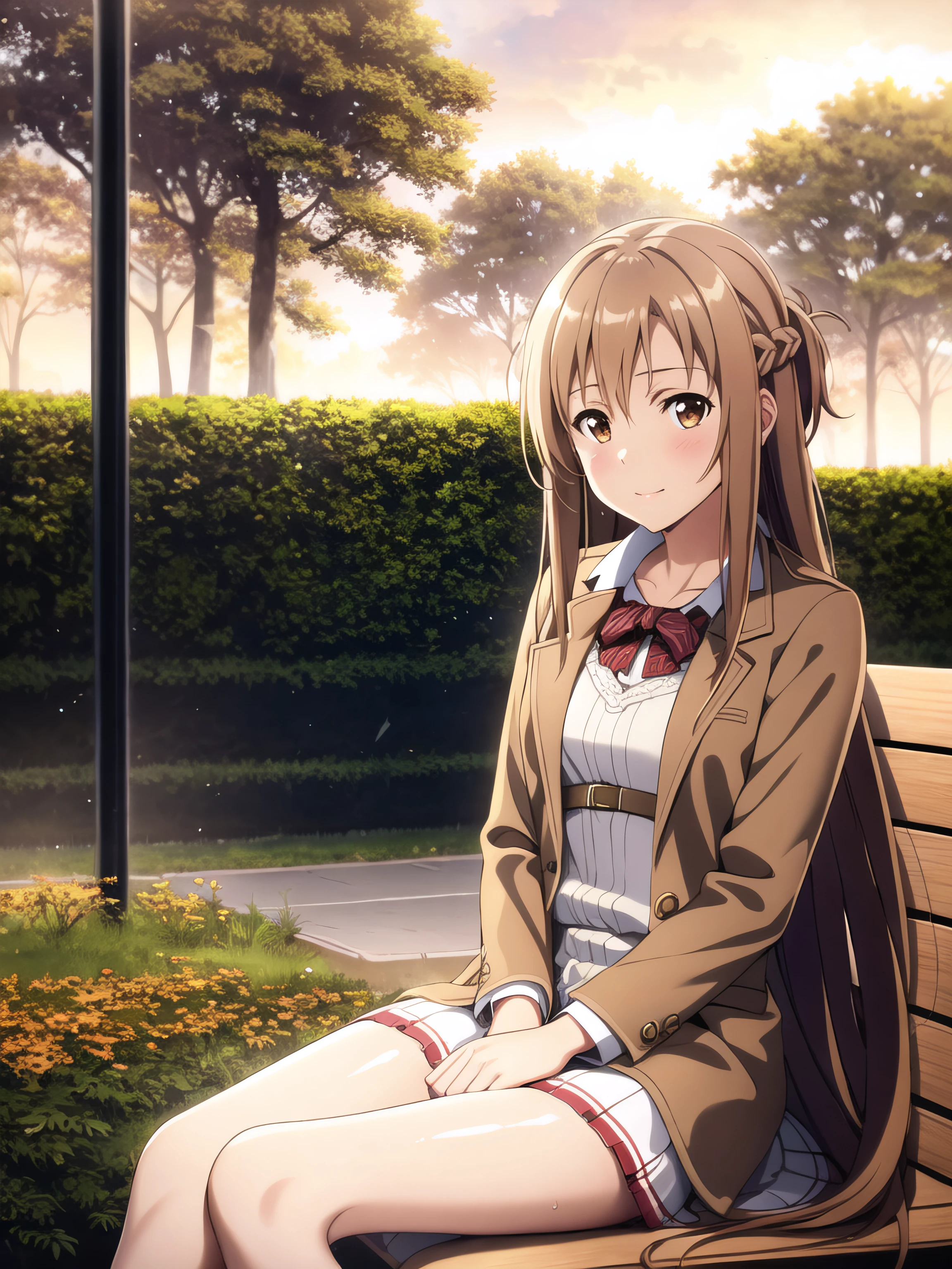 epic realistic, <lora:Asuna:0.45>, Asuna Yuuki, light brown hair
autumn coat, (sitting on a bench:1.1), park, autumn,  bag in hand
masterpeace, best quality, lightroom, natural, perfect,  raw, intricate, high quality, mamiya, exposure blend, (natural skin texture, hyperrealism, soft light, sharp:1.2), faded, (neutral colors:1.2), art, (hdr:1.2), (muted colors:1.1),hyperdetailed, (artstation:1), warm lights, dramatic light, (intricate details:1.2), vignette, complex background, rutkowski