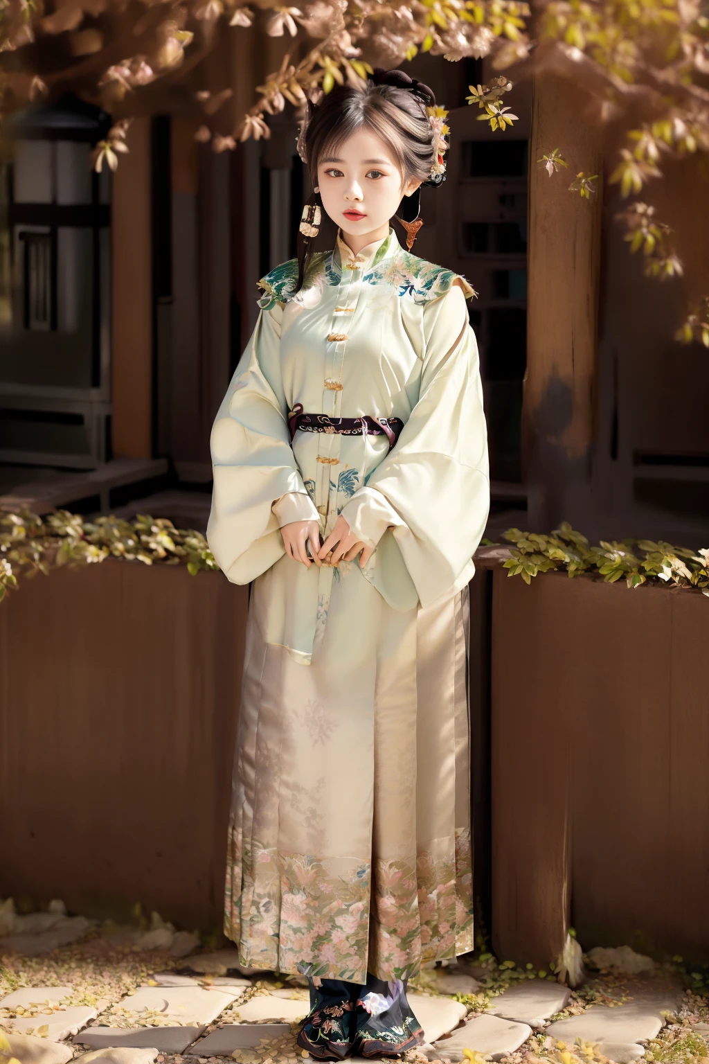 RAW, symmetrical, slow motion,(beautiful:1.1),(attractive),perfectly detailed eyes,<lora:hanfuMing30:0.7>,<lora:shojovibe_v11:0.8>,(ming hanfu, ming style outfits, 1girl wearing short coat and mamian skirt, standing collar:1.2),(full body: 1.3)