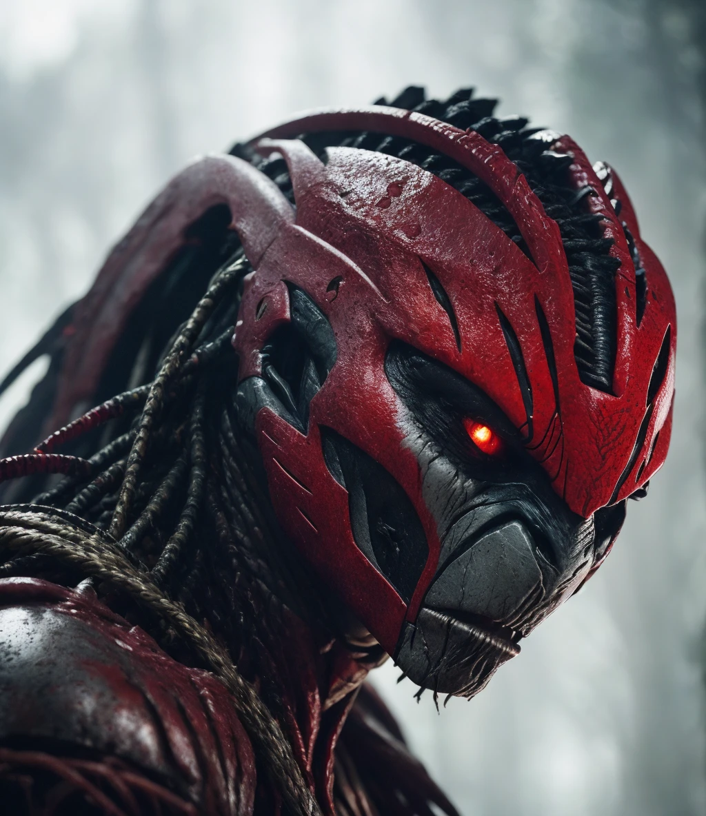RAW photo, woman Predator from the movie "The Predator", Yautja, moody, intricate details, dramatic composition, tension, contrast, texture, realism, high-quality rendering, stunning art, high quality, film grain, Fujifilm XT3, detailed skin, (volumetric fog:1.1)