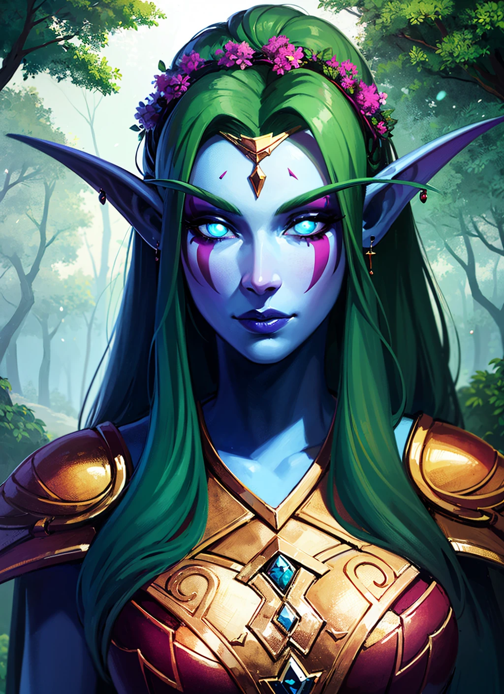 1girl, beautiful shenelf, blue skin, glowing blue eyes, long green hair, flower crown, earrings, facial mark, purple armored dress, forest, tree, dark atmosphere, athletic, volumetric lighting, best quality, masterpiece, realistic, <lora:sxz-night-elf-v3:0.7>