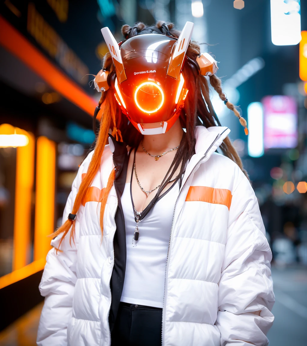 (original: 1.2), masterpiece, best quality, closed - up, upper body, 1girl, ((in a white and orange cyberhelmet with dreadlocks )), wearing futuristic jacket, (crystal necklace), posing for a picture, on the street <lora:cyberhelmetv0.1:0.9>